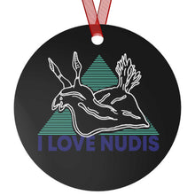Load image into Gallery viewer, Black I LOVE NUDIS Metal Ornament Front View