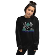 Load image into Gallery viewer, Black Crewneck with I LOVE NUDIS Nudibranch Logo