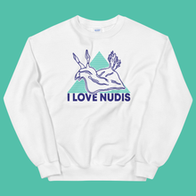 Load image into Gallery viewer, White Crewneck with I LOVE NUDIS Nudibranch Logo