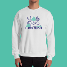Load image into Gallery viewer, White Crewneck with I LOVE NUDIS Nudibranch Logo