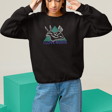 Load image into Gallery viewer, Black Crewneck with I LOVE NUDIS Nudibranch Logo