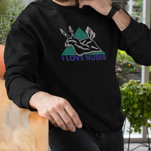 Load image into Gallery viewer, Black Crewneck with I LOVE NUDIS Nudibranch Logo