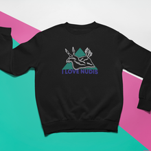 Load image into Gallery viewer, Black Crewneck with I LOVE NUDIS Nudibranch Logo