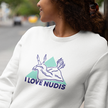 Load image into Gallery viewer, White Crewneck with I LOVE NUDIS Nudibranch Logo