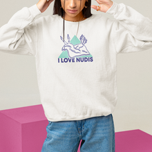 Load image into Gallery viewer, White Crewneck with I LOVE NUDIS Nudibranch Logo