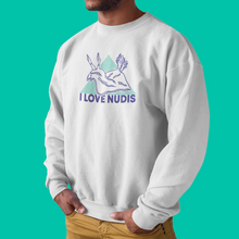 Load image into Gallery viewer, White Crewneck with I LOVE NUDIS Nudibranch Logo