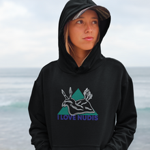 画像をギャラリービューアに読み込む, I LOVE NUDIS Nudibranch Hooded Sweatshirt in Black on female at beach