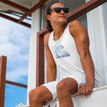 Load image into Gallery viewer, White I LOVE NUDIS Nudibranch Tank Top on lifeguard at beach