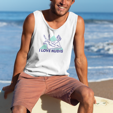 Load image into Gallery viewer, White I LOVE NUDIS Nudibranch Tank Top on surfer at beach