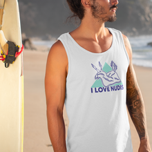 Load image into Gallery viewer, White I LOVE NUDIS Nudibranch Tank Top on surfer at beach