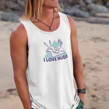 Load image into Gallery viewer, White I LOVE NUDIS Nudibranch Tank Top on surfer at beach