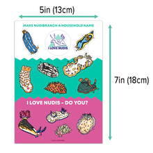 Load image into Gallery viewer, I LOVE NUDIS™ Colorful Vinyl Sticker Sheet with 11 adorable Nudibranchs and Sea Slugs
