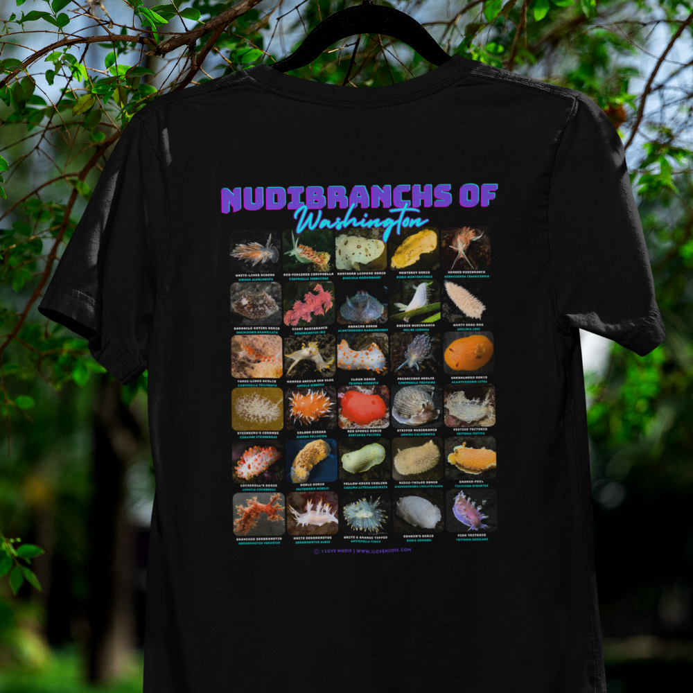 I LOVE NUDIS™ Nudibranchs of Washington Black T-shirt with Photos & Common/Scientific Names