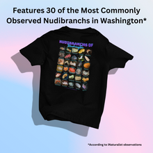 Load image into Gallery viewer, I LOVE NUDIS™ Nudibranchs of Washington Black T-shirt with Photos &amp; Common/Scientific Names
