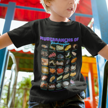 Load image into Gallery viewer, Nudibranchs of Washington Black Kids Softstyle Tee with Photos &amp; Common/Scientific Names
