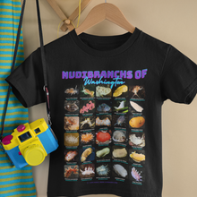 Load image into Gallery viewer, Nudibranchs of Washington Black Kids Softstyle Tee with Photos &amp; Common/Scientific Names
