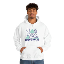 Load image into Gallery viewer, White I LOVE NUDIS Hooded Sweatshirt on model
