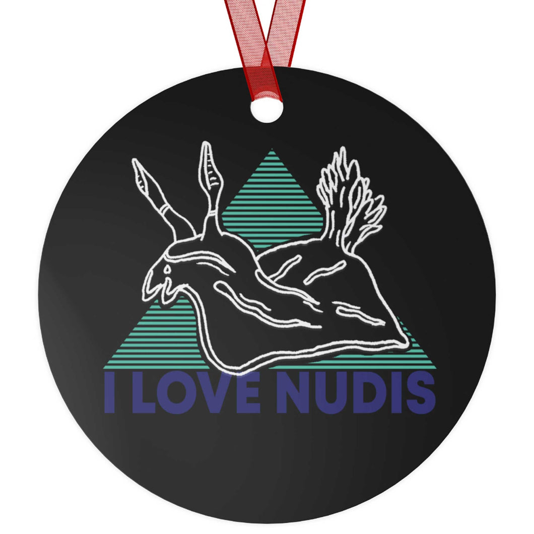 Black I LOVE NUDIS Metal Ornament Front View