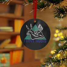 画像をギャラリービューアに読み込む, Black I LOVE NUDIS Metal Ornament Front View with Christmas Tree Background
