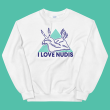 画像をギャラリービューアに読み込む, White Crewneck with I LOVE NUDIS Nudibranch Logo
