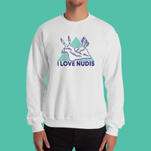 Load image into Gallery viewer, White Crewneck with I LOVE NUDIS Nudibranch Logo
