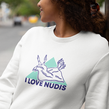 Load image into Gallery viewer, White Crewneck with I LOVE NUDIS Nudibranch Logo
