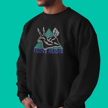 Load image into Gallery viewer, Black Crewneck with I LOVE NUDIS Nudibranch Logo
