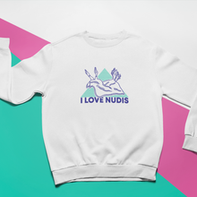 Load image into Gallery viewer, ILOVENUDIS Nudibranch Crewneck Sweatshirt with colorful background

