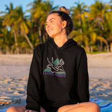 Load image into Gallery viewer, I LOVE NUDIS Nudibranch Hooded Sweatshirt in Black on female at beach
