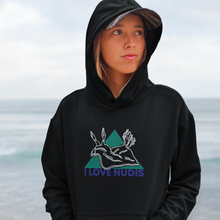 Load image into Gallery viewer, I LOVE NUDIS Nudibranch Hooded Sweatshirt in Black on female at beach

