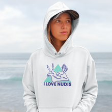 Load image into Gallery viewer, I LOVE NUDIS Nudibranch Hooded Sweatshirt on Female at Beach
