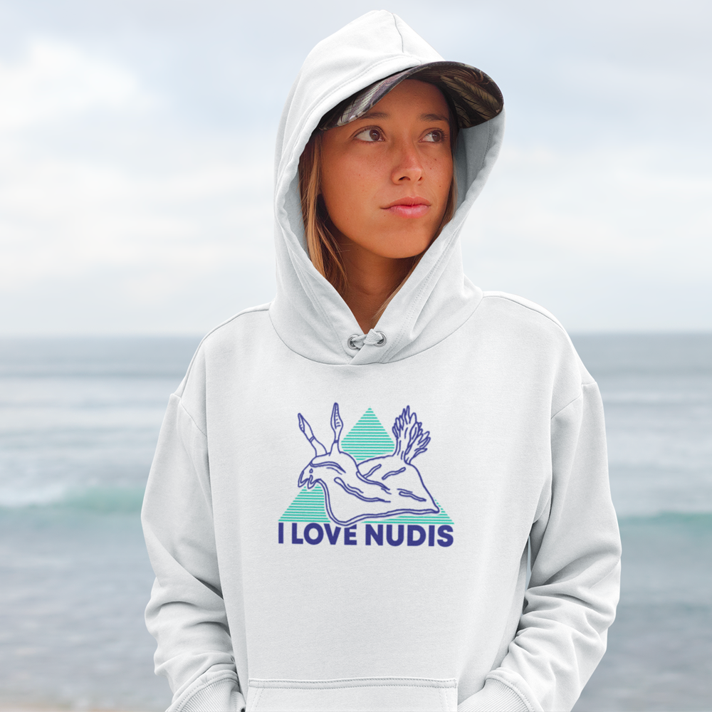 I LOVE NUDIS Nudibranch Hooded Sweatshirt on Female at Beach