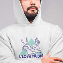 Load image into Gallery viewer, I LOVE NUDIS Nudibranch Hooded Sweatshirt on Male Model

