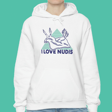 Load image into Gallery viewer, I LOVE NUDIS Nudibranch Hooded Sweatshirt in White on model
