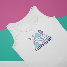 Load image into Gallery viewer, White I LOVE NUDIS Nudibranch Tank Top with colorful background

