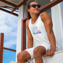 Load image into Gallery viewer, White I LOVE NUDIS Nudibranch Tank Top on lifeguard at beach
