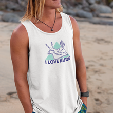 Load image into Gallery viewer, White I LOVE NUDIS Nudibranch Tank Top on surfer at beach
