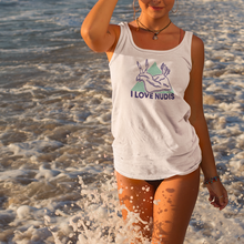 Load image into Gallery viewer, White I LOVE NUDIS Nudibranch Womens Racerback Tank Top on female at beach
