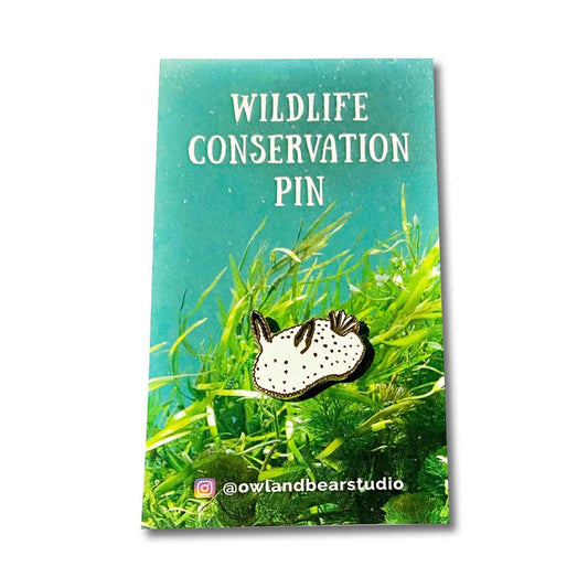 White Sea Bunny Nudibranch Enamel Wildlife Conservation Pin Front View